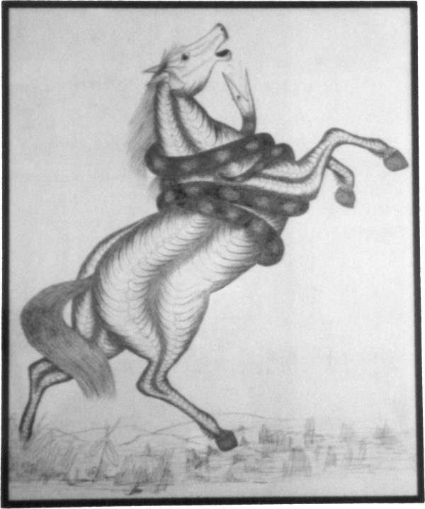 drawing of a horse and snake